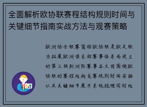 全面解析欧协联赛程结构规则时间与关键细节指南实战方法与观赛策略