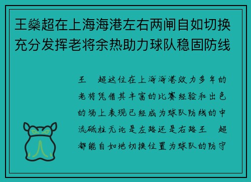 王燊超在上海海港左右两闸自如切换充分发挥老将余热助力球队稳固防线