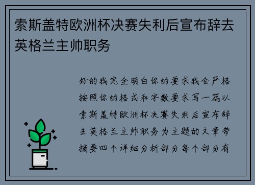 索斯盖特欧洲杯决赛失利后宣布辞去英格兰主帅职务